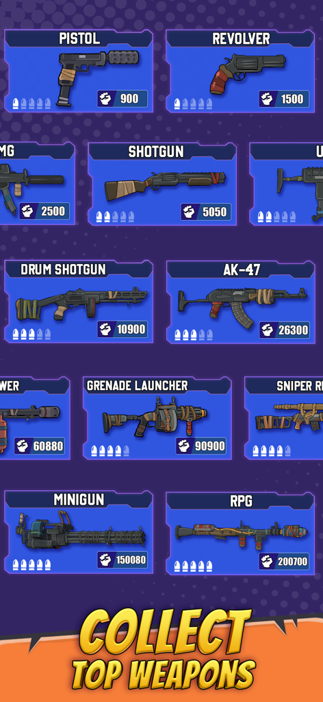 Last Hero Top down Shooterの武器インベントリスクリーンで、さまざまな銃とそのパワーレベルが表示されています