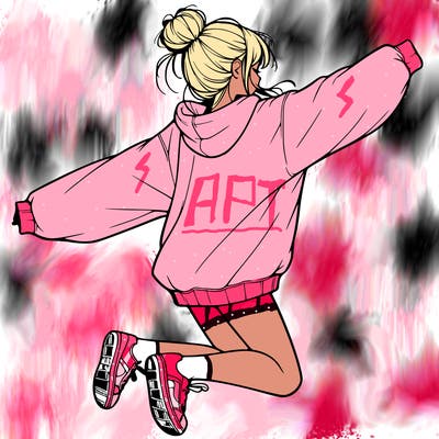 realistic girl jumping with a bun and oversized sweatshirt