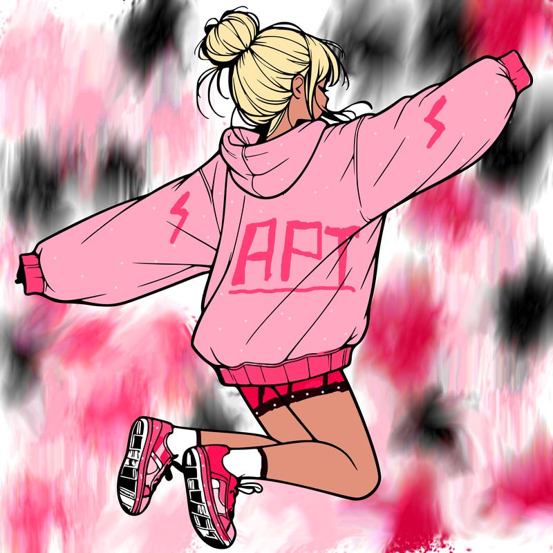 realistic girl jumping with a bun and oversized sweatshirt