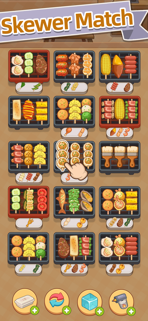 Skewer Time - Mobile game screenshot of Skewer Time showing grilled food items on skewers being matched on small grills.