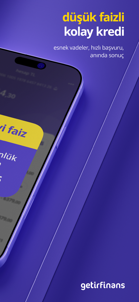 getirfinans - Interface de l'application mobile Getirfinans affichant des taux d'intérêt bas et des options de prêt faciles sur un smartphone