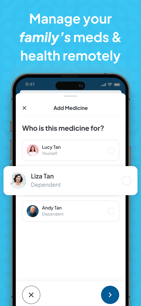 CareAide Manage Meds & Health - CareAide app screen showing the remote management of medications for family members and dependents