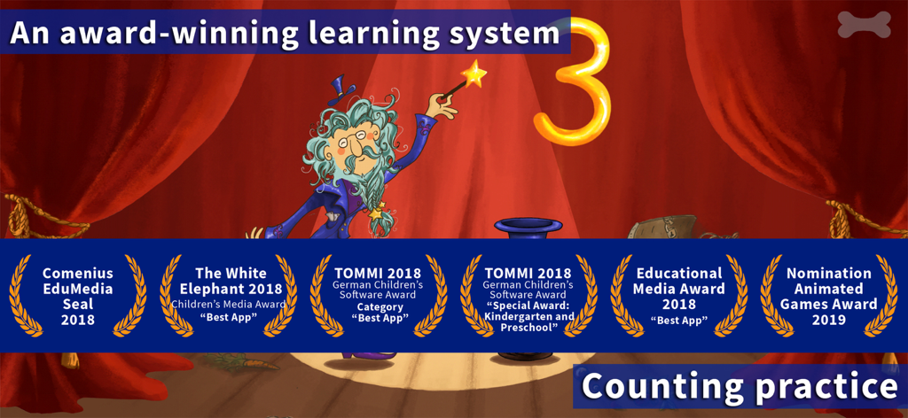 Lazuli 4+ - 数え方練習とマジシャンキャラクターが描かれた、ラズリ 4プラス受賞学習システム画面