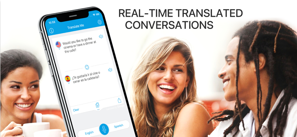 Translate Me - Live Translator - A smartphone displaying the Translate Me app interface with real-time translation between English and Spanish during a social conversation.