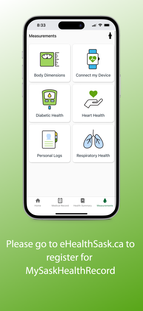 Interfaz de la aplicación MySaskHealthRecord que muestra categorías de seguimiento de salud, incluida la salud cardíaca y respiratoria