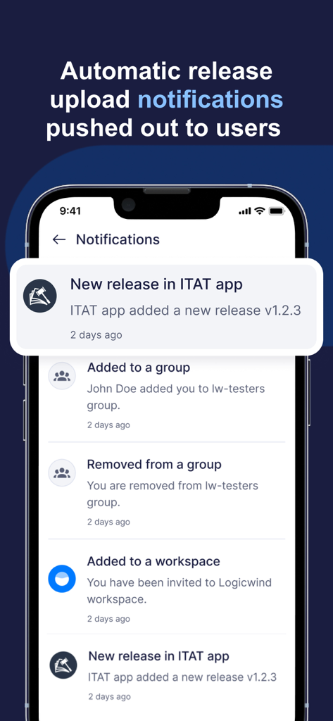 AppsOnAir - iPhone screen showing AppsOnAir app notification history with updates on new app releases and workspace invitations.