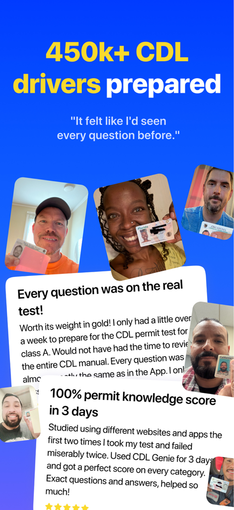 CDL Prep Practice Test Genie - Successful CDL drivers holding their licenses alongside positive reviews for the CDL Prep Practice Test Genie app