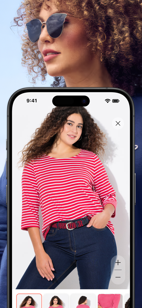 Ulla Popken - Ulla Popken app screen showing a woman in a red and white striped shirt