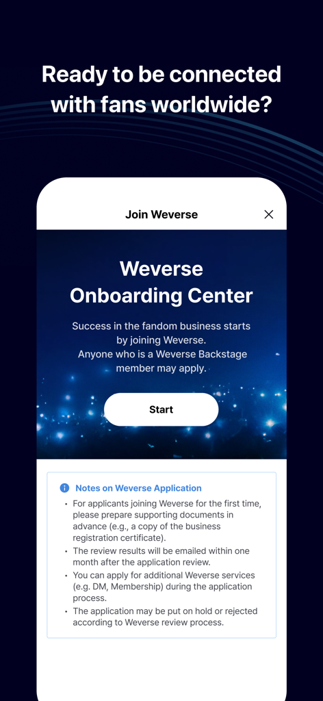 Weverse Backstage onboarding center screen with a start button for artist application
