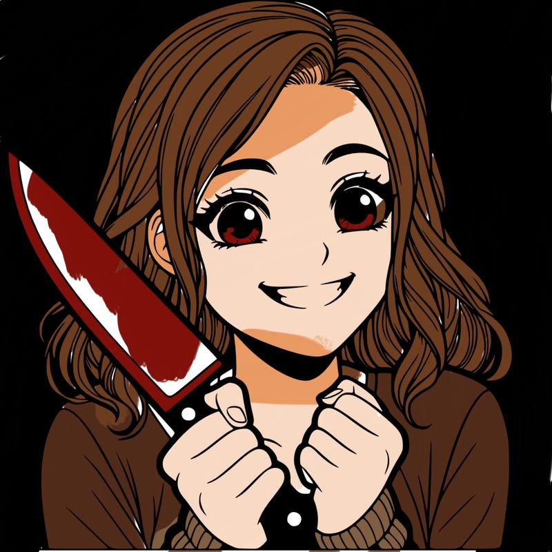 a realistic girl holding a knife and grinning