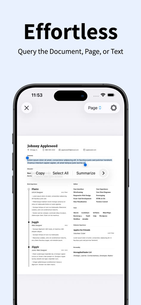 PDF Loupe - Private AI Reader - Pantalla de iPhone mostrando la aplicación PDF Loupe resumiendo una selección de texto en un documento.