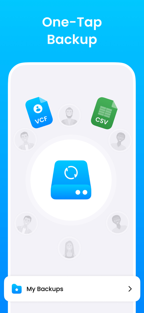 MCBackup app interface showing one-tap backup feature with VCF and CSV file export options.