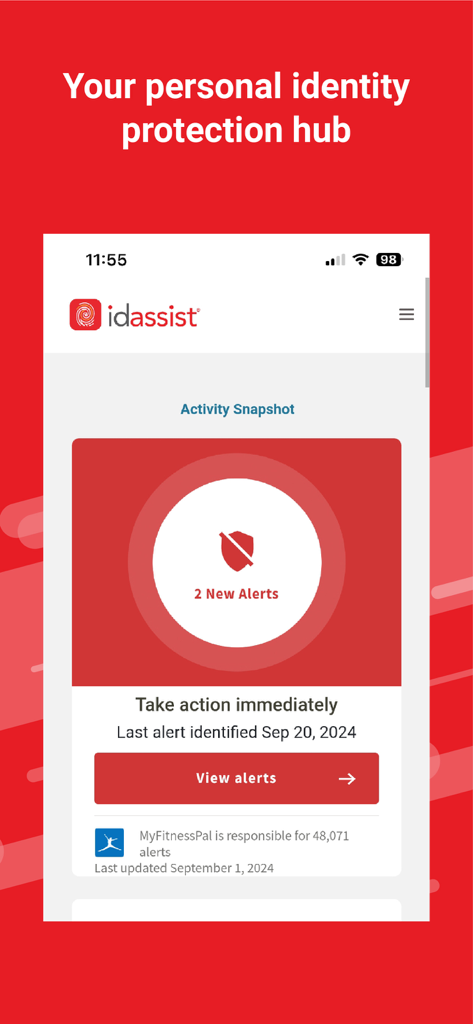 ID Assist Mobile dashboard showing new identity protection alerts and activity snapshot.