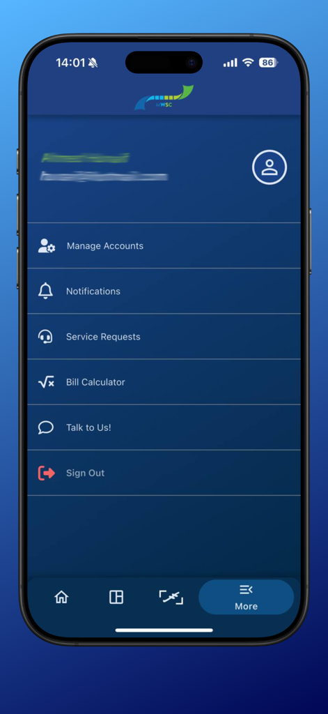 MWSC - MWSC mobile app profile menu displaying options for managing accounts, notifications, and bill calculations.