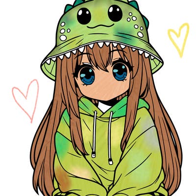 girl with anime shaped eyes with a dinosaur bucket hat oversized sweatshirt long straight hair