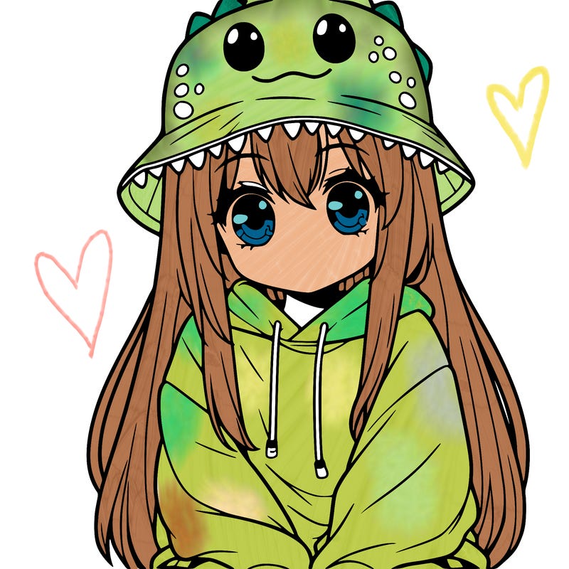 girl with anime shaped eyes with a dinosaur bucket hat oversized sweatshirt long straight hair