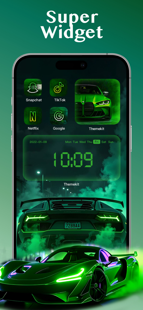 Live Wallpaper-Charing 4K - iPhone home screen with a custom green sports car theme featuring neon icons and a digital clock widget