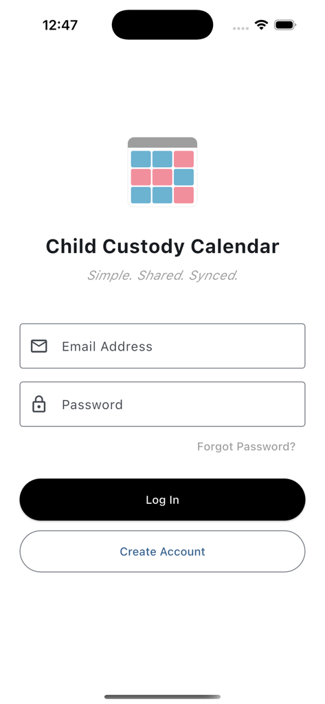 Child Custody Calendar - Login screen of the Child Custody Calendar app with email and password fields.