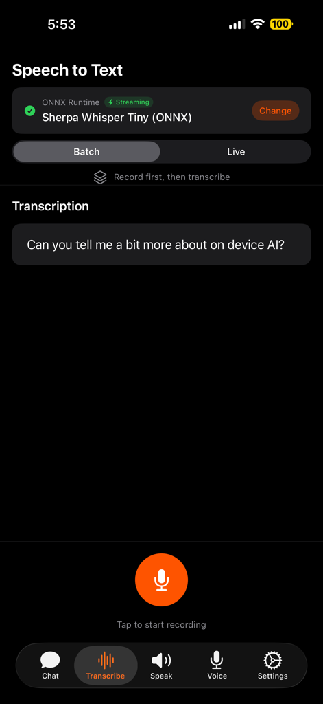The RunAnywhere app speech to text interface showing offline transcription of a voice query