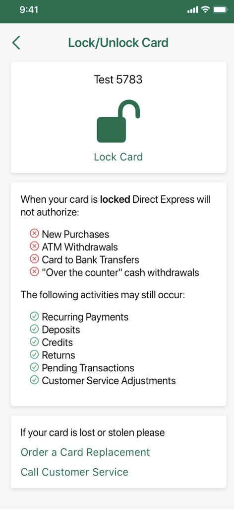 Interface for locking or unlocking a Direct Express debit card with security details and replacement options
