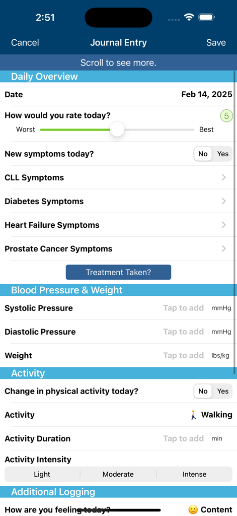 Diabetes Health Manager - Diabetes Health Manager app journal entry screen showing daily overview and symptom tracking options