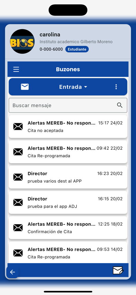 BS Educativo - Una captura de pantalla de la aplicación BS Educativo que muestra la bandeja de entrada de un estudiante con mensajes y alertas escolares.
