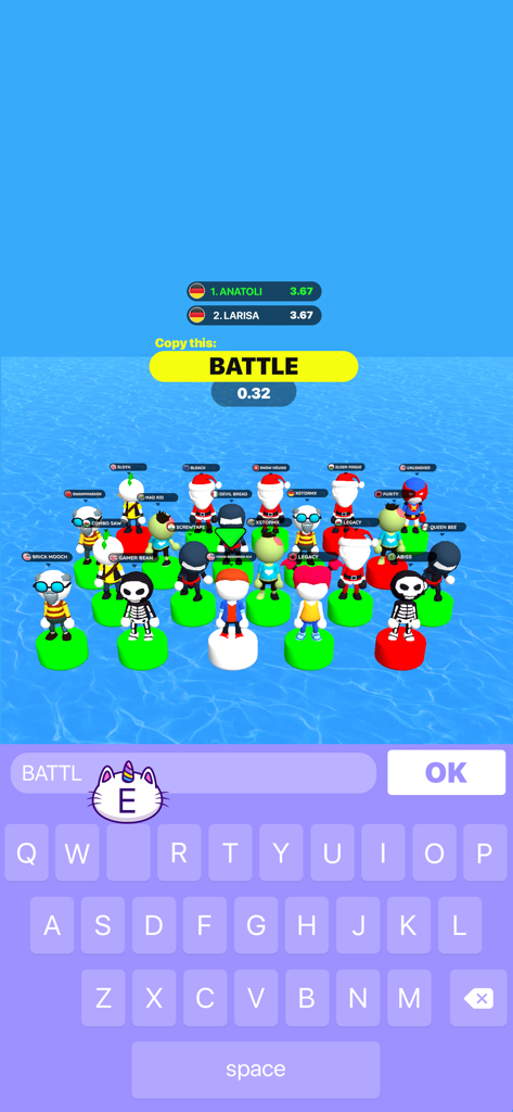 Happy Printer gameplay screen showing a typing battle race with multiple avatars