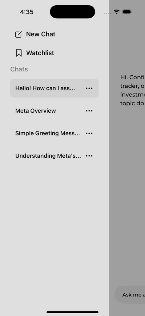 Menú lateral de la aplicación Incite AI que muestra el historial de chat y las opciones de la lista de seguimiento