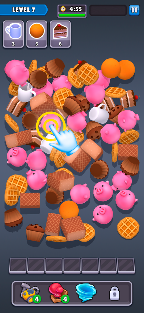 Match Junk: Triple Tile Puzzle - A hand selects a 3D object from a pile of items in the Match Junk Triple Tile Puzzle game screen.