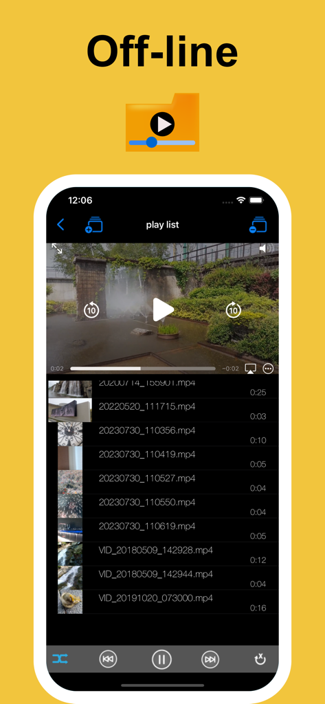 Smartphone screen displaying an offline video playlist and playback controls in the Folder Video Plus app