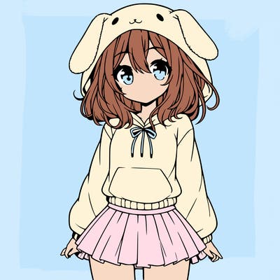 pretty anime girl wearing a fluffy hoodie with bunny ears on the hood and a skirt