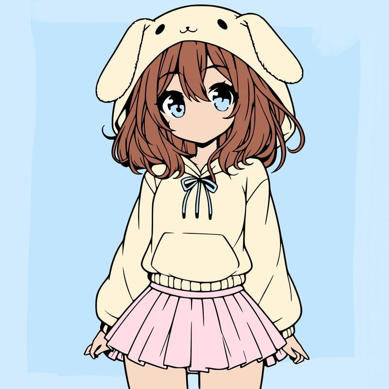 pretty anime girl wearing a fluffy hoodie with bunny ears on the hood and a skirt