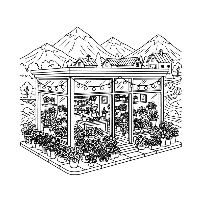 flower shop nestled in a mountain town.  there are string lights, a lot of different flowers arrangements, big windows, two employees are working, mountains and houses in background.  nature also