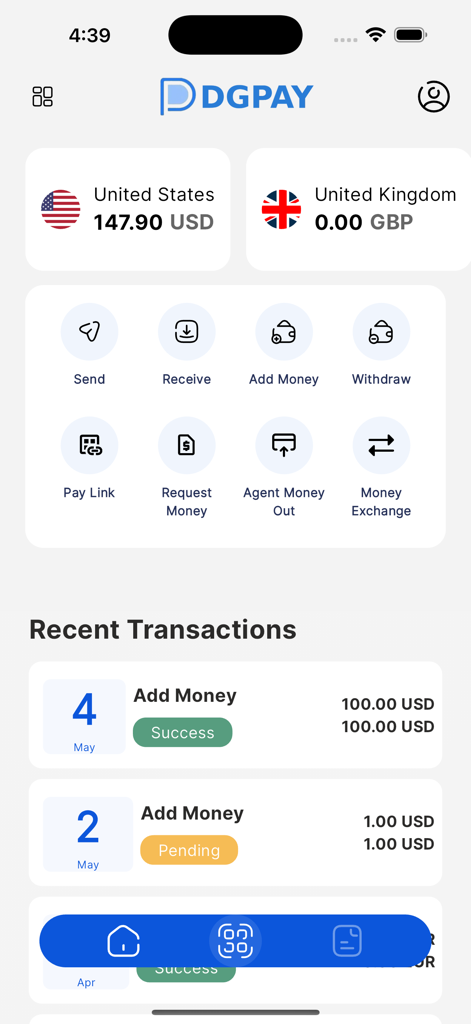 DigiPay App - DigiPay App-Startbildschirm mit USD- und GBP-Guthaben und Liste der letzten Transaktionen