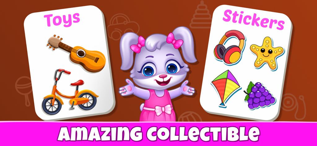 Sight Words - Pre-k to 3rd - Un personaje de conejo de dibujos animados que presenta juguetes digitales y recompensas de pegatinas en la aplicación de aprendizaje Palabras de Uso Frecuente.