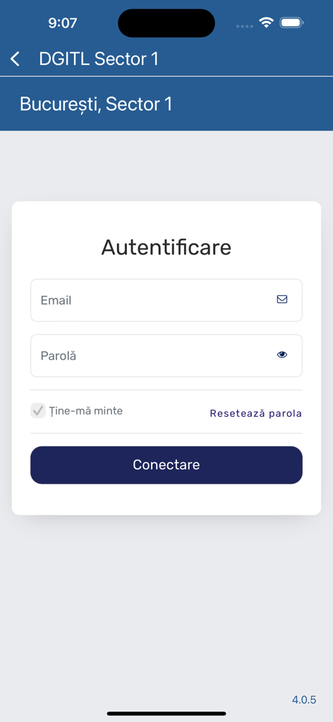 Schermata di accesso dell'applicazione mobile DGITL Settore 1 che mostra i campi email e password