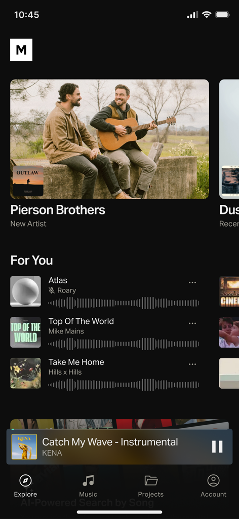 Musicbed mobile app discovery screen showing curated songs and a featured artist profile for video creators