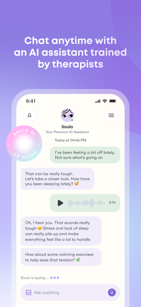 Un smartphone que muestra una interfaz de chat con el asistente de IA de Soula brindando apoyo emocional y sugerencias para el alivio del estrés