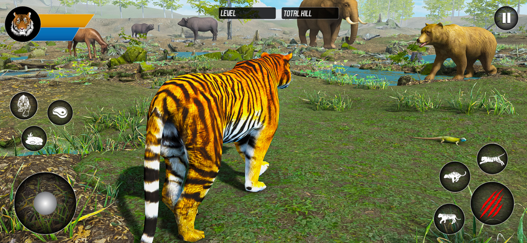 A tiger explores an open world jungle with elephants and bears in Tiger Simulator.