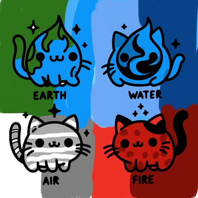 4 cats that represent the different elements, earth, water, air, and fire