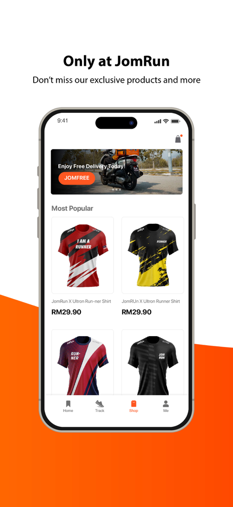 Interface of the JomRun app showing the shop section with exclusive running shirts and promotional banners.