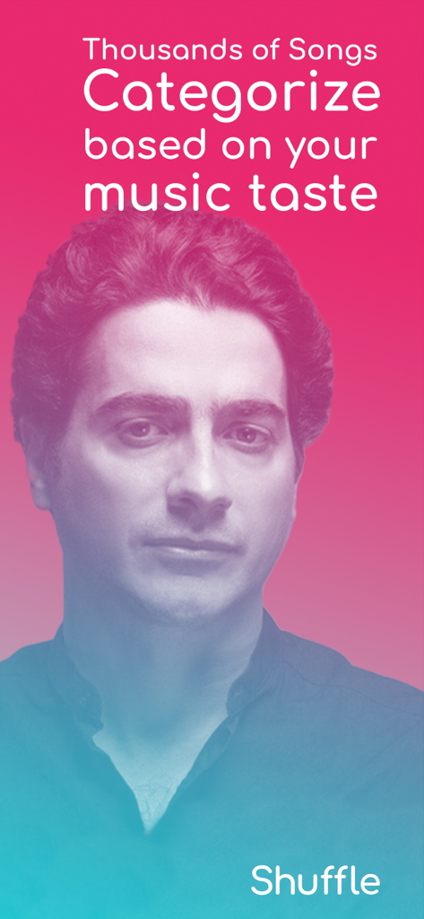 Shuffle Music - Shuffle Music app display showing thousands of songs categorized by music taste with a portrait of a Persian artist