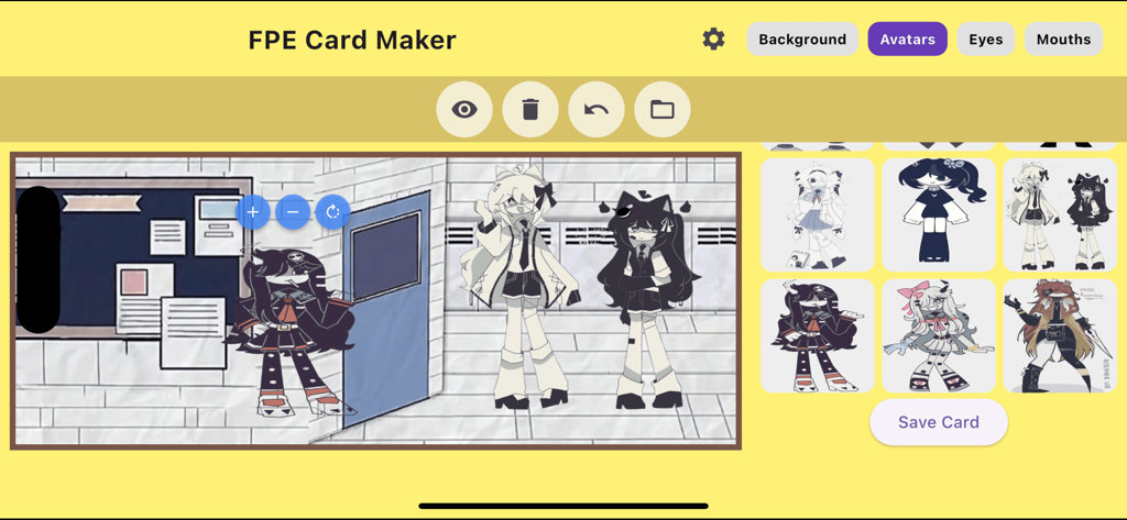 FPE OC Maker interface showing character customization in a paper animation style school setting