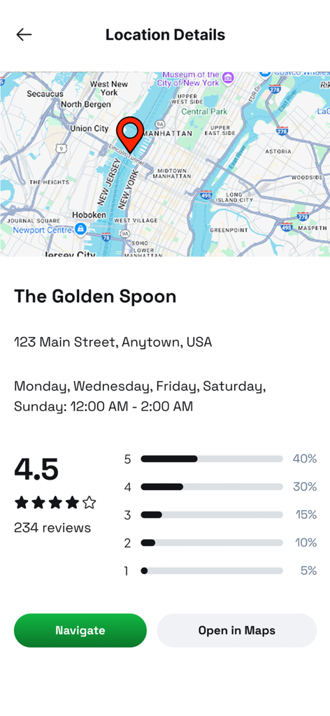 Captura de pantalla de una pantalla de detalles de ubicación en una aplicación de navegación que muestra un mapa de Nueva York, información comercial y calificaciones de clientes para un restaurante