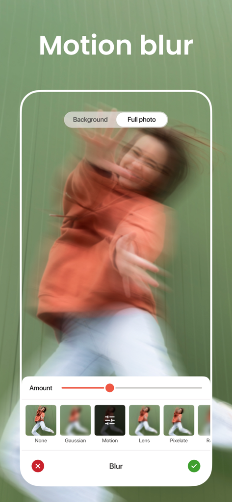 Motion Blur: Photo, Background - Interface do aplicativo Motion Blur mostrando um efeito de movimento completo aplicado a uma pessoa com controles deslizantes e opções de filtro