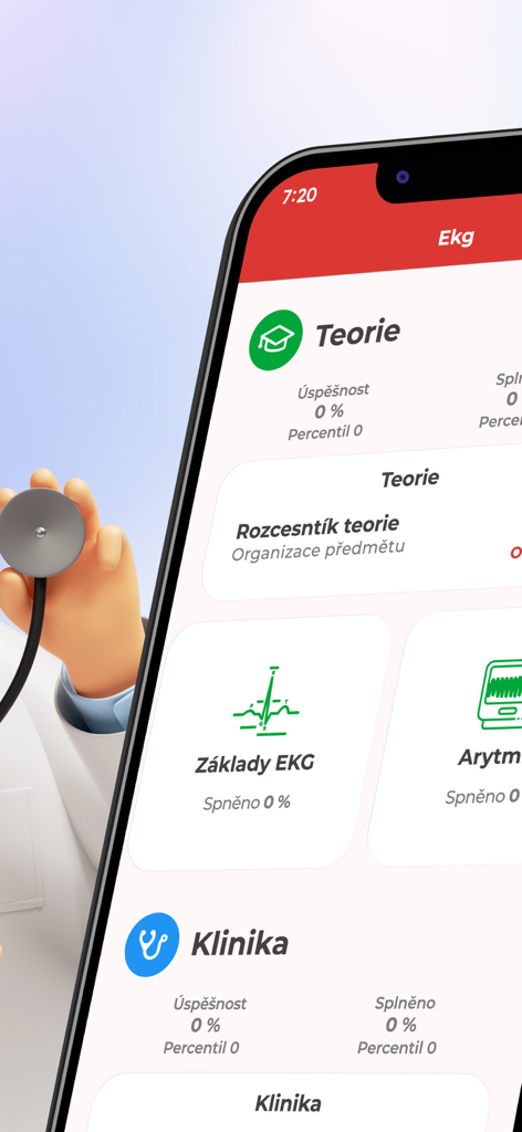 Interfaz de aplicación móvil para educación de EKG que muestra módulos de teoría y clínicos con seguimiento de éxito