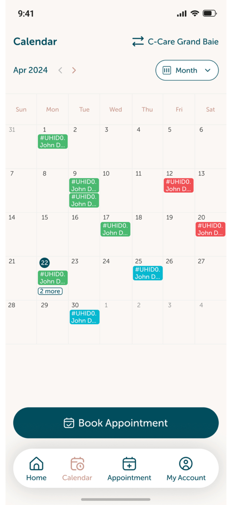 Vista de calendario mensual en la aplicación C-Care PRO que muestra las citas de pacientes programadas y un botón para reservar una cita