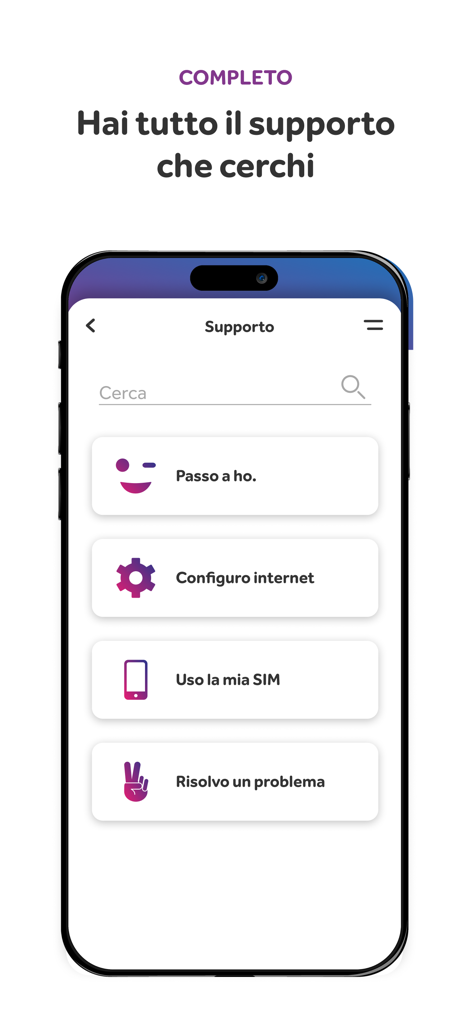 Captura de pantalla de la sección de soporte de la aplicación móvil de ho. mostrando categorías para cambiar de proveedor, configuración de internet, gestión de SIM y resolución de problemas.