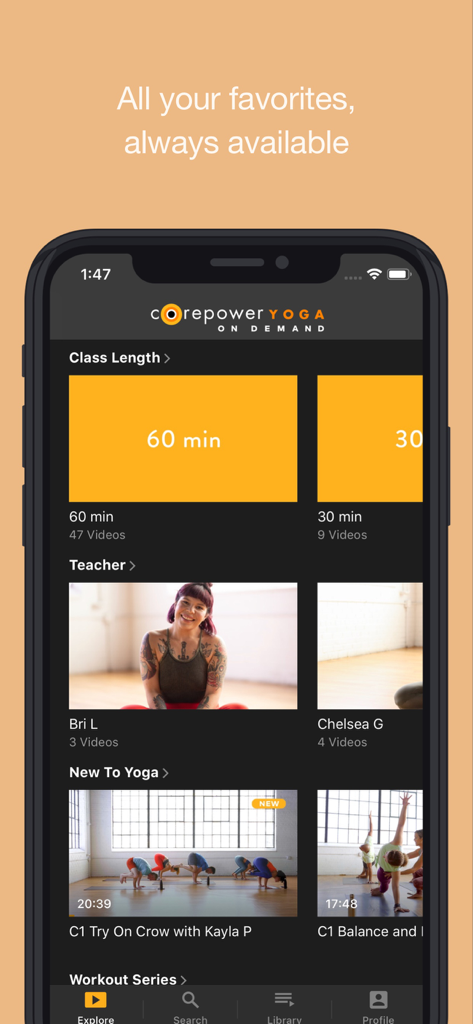 CorePower Yoga On Demand - CorePower Yoga On Demand mobile app interface displaying class length options and teacher selections