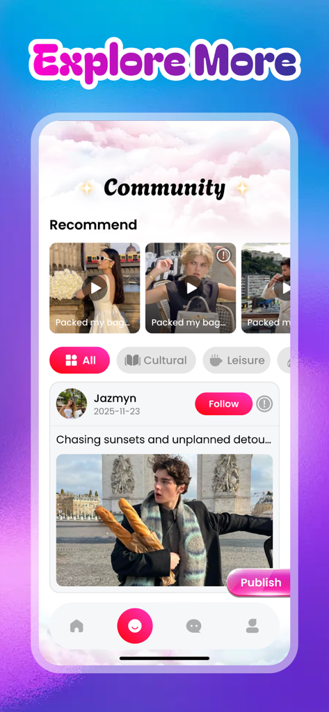 Kiso - A screenshot of the Kiso app community feed showing travel photo recommendations and a user post from Paris.
